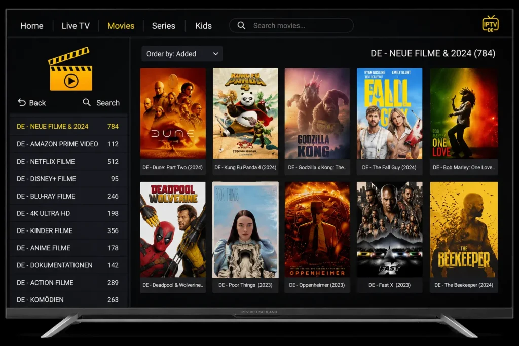 Modernes IPTV Deutschland Interface mit Filmen, Serien und Live TV in HD und 4K auf Smart TV